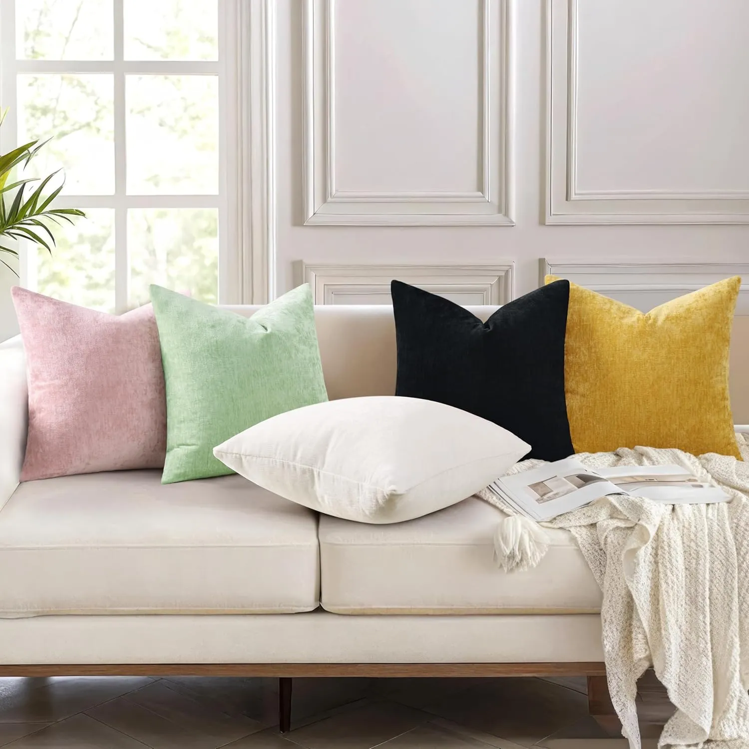 decorUhome Couch Throw Pillow Covers 18x18 Set of 2, Decorative Soft Neutral Chenille Solid Dyed Square Pillow Covers for Sofa Bed Living Room, Blush Pink