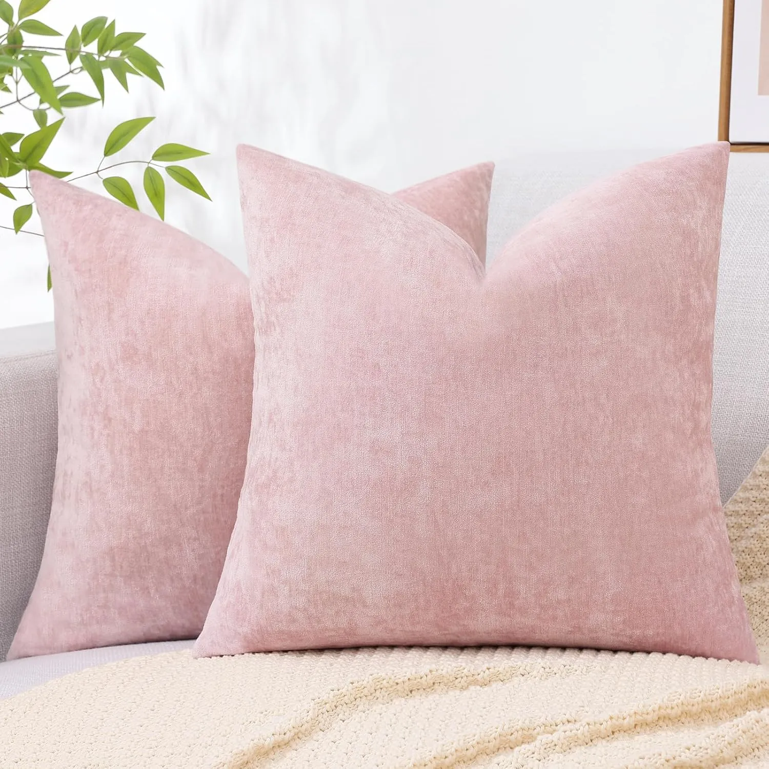 decorUhome Couch Throw Pillow Covers 18x18 Set of 2, Decorative Soft Neutral Chenille Solid Dyed Square Pillow Covers for Sofa Bed Living Room, Blush Pink