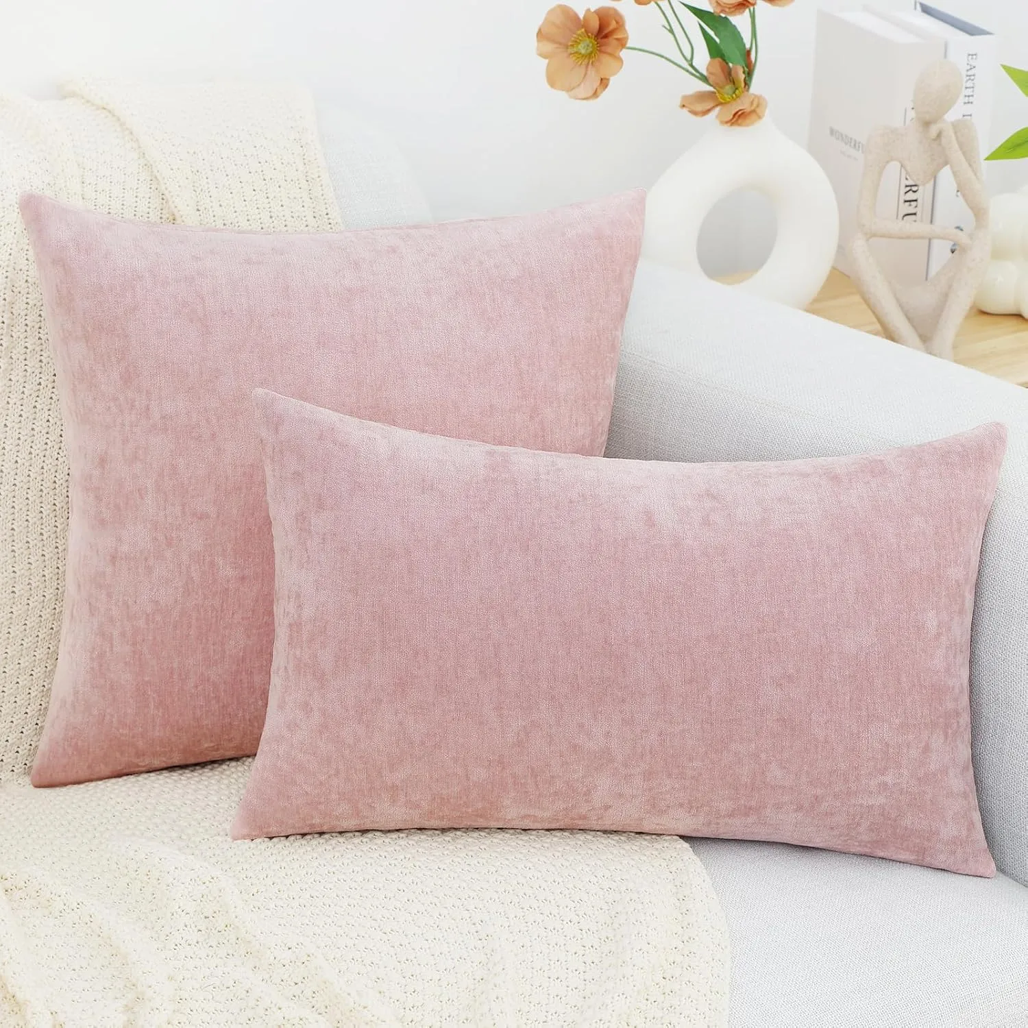 decorUhome Couch Throw Pillow Covers 18x18 Set of 2, Decorative Soft Neutral Chenille Solid Dyed Square Pillow Covers for Sofa Bed Living Room, Blush Pink