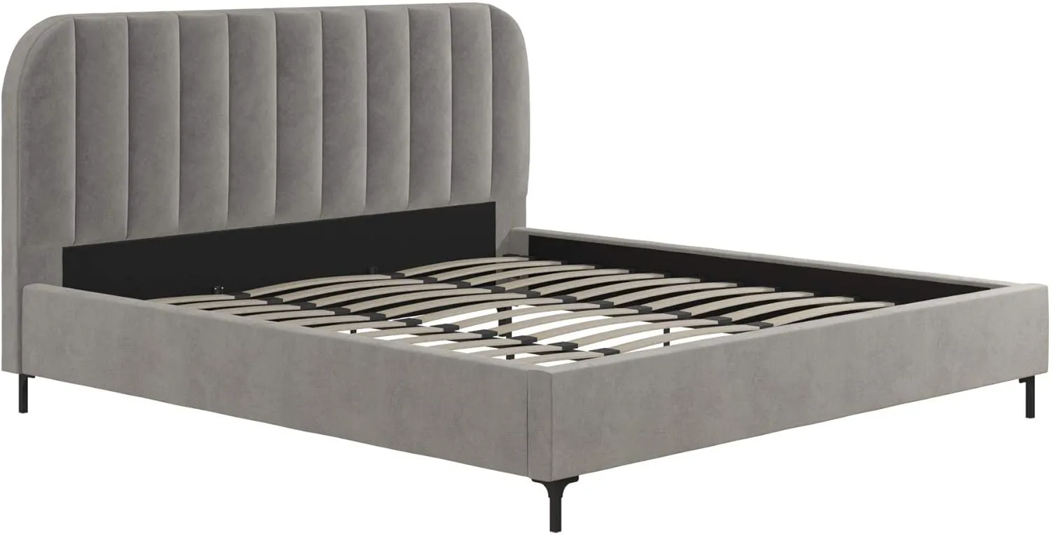 DHP Camilla Upholstered Platform Bed with Luxe Vertical Channel Tufted Headboard, No Box Spring Needed, King, Light Gray Velvet