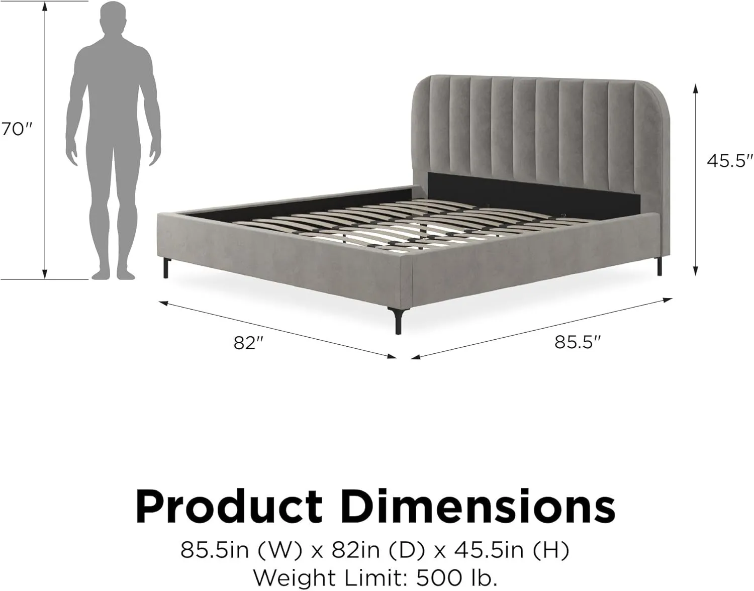 DHP Camilla Upholstered Platform Bed with Luxe Vertical Channel Tufted Headboard, No Box Spring Needed, King, Light Gray Velvet
