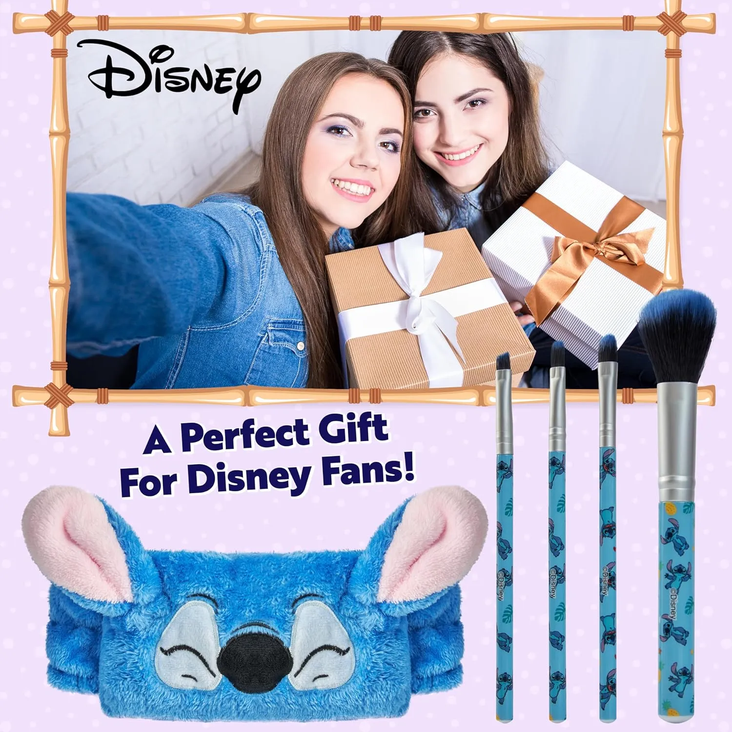 Disney Stitch Makeup Brush Set for Women Fluffy Makeup Headband Eyeshadow Brushes Travel Case Stitch Gifts (Blue)
