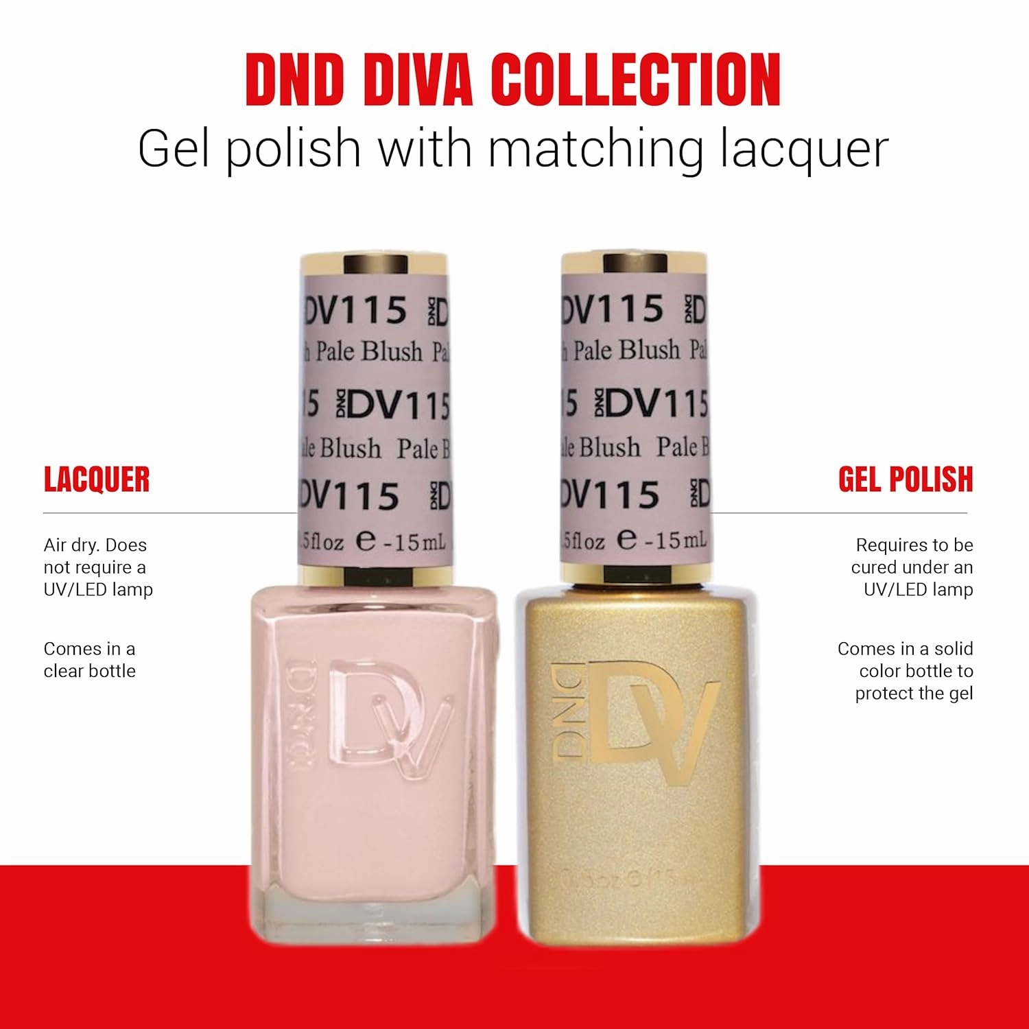 DND Diva Gel Polish Set, Soda Poppin Collection, UV/LED Gel Polish and Air Dry Nail Lacquer, Matching Chip-Free Polish Duo, 115 Pale Blush, 0.5 Fl Oz