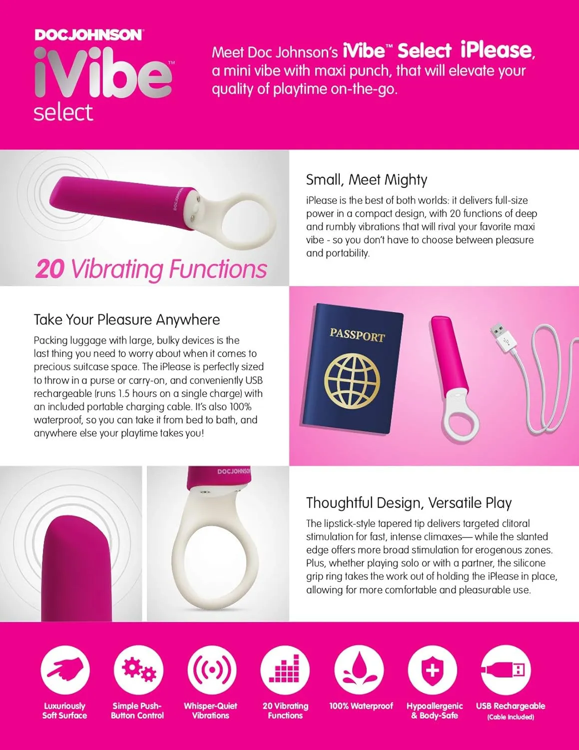 Doc Johnson iVibe Select - iPlease - Powerful 20 Function Vibrator with Silicone Grip Ring - Quiet Motor, Small Size, Waterproof, USB Rechargeable - Pink/White (6026-05-AM)
