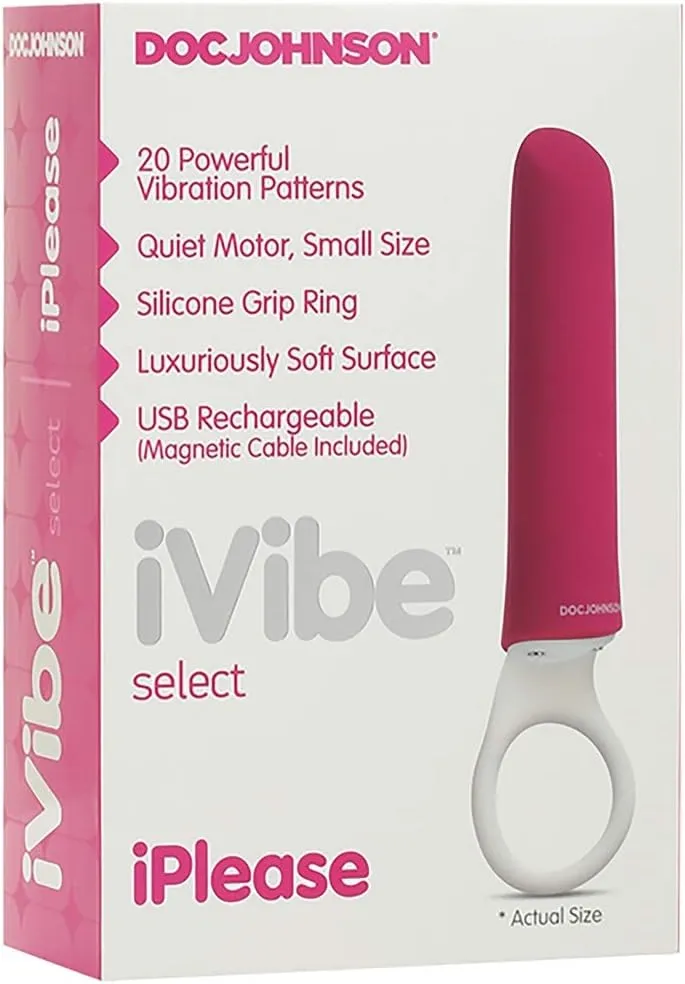 Doc Johnson iVibe Select - iPlease - Powerful 20 Function Vibrator with Silicone Grip Ring - Quiet Motor, Small Size, Waterproof, USB Rechargeable - Pink/White (6026-05-AM)