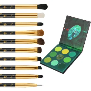 Docolor 10Pcs Eye Makeup Brushes Skull Printed Eyeshadow Makeup Brush Set and Green Eyeshadow Palette 9 Colors Gemstone Shadow Palette Highly Pigmented Mattes Shimmers Long-Lasting Makeup Palette