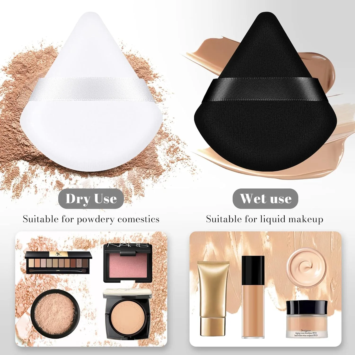 DUAIU Triangle Powder Puffs for Face Powder, Velvet Setting Powder Sponge Makeup Puff with Strap, Reusable Wet Dry Dual-use Face Makeup Sponge Beauty Blender (12pcs, Black White)