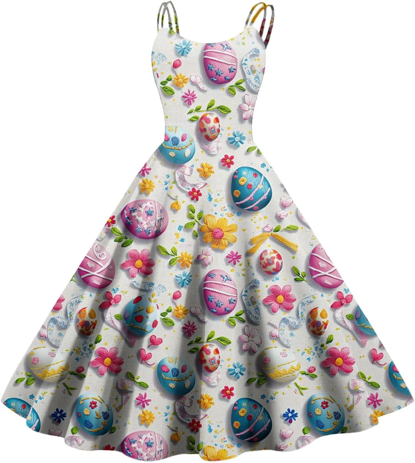 Easter Dresses for Women Vintage Spaghetti Strap Punk Aline Swing Dress Bunny Printed Knee Length Tea Party Dress