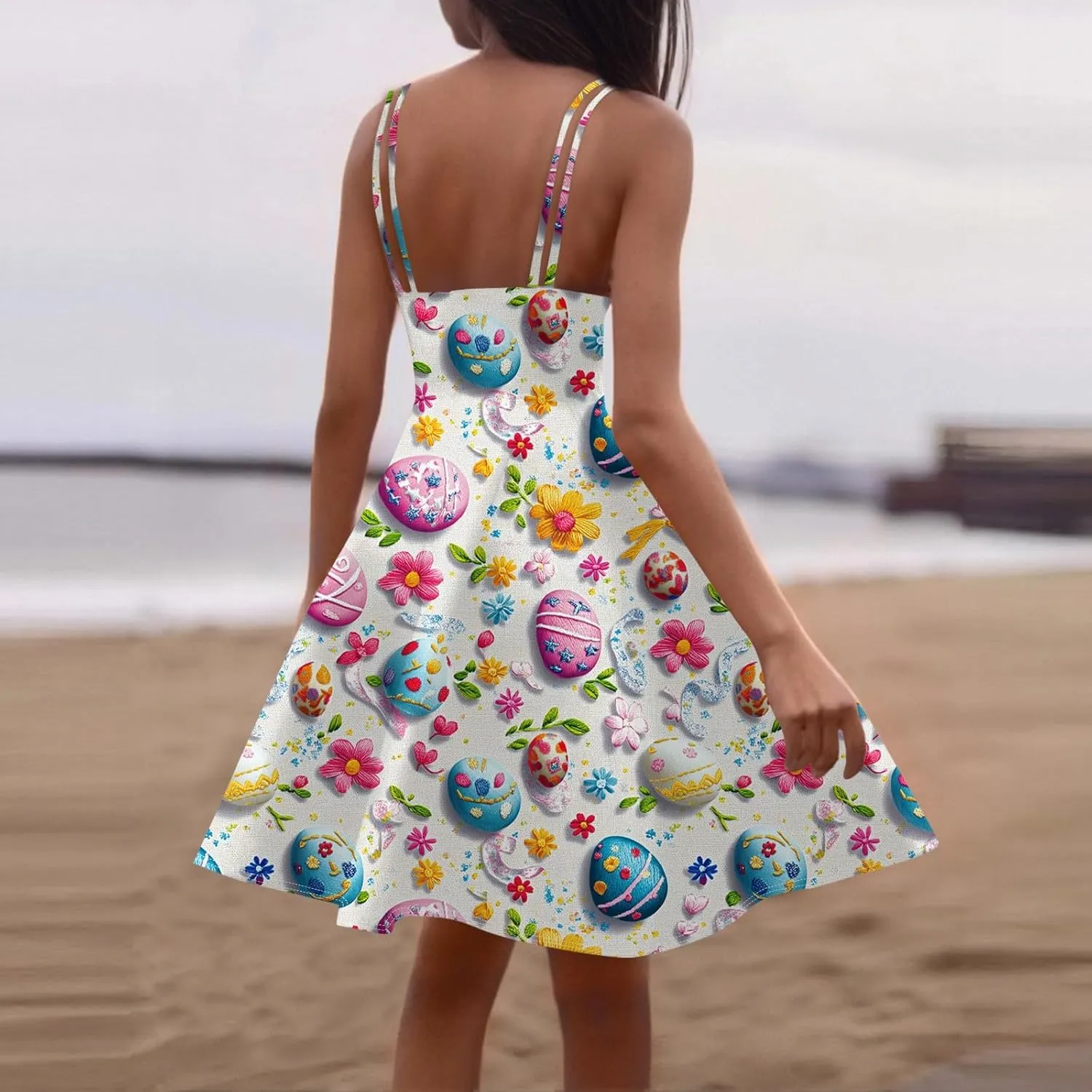 Easter Dresses for Women Vintage Spaghetti Strap Punk Aline Swing Dress Bunny Printed Knee Length Tea Party Dress