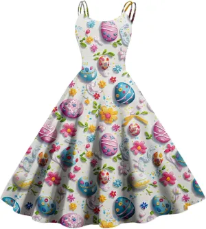 Easter Dresses for Women Vintage Spaghetti Strap Punk Aline Swing Dress Bunny Printed Knee Length Tea Party Dress
