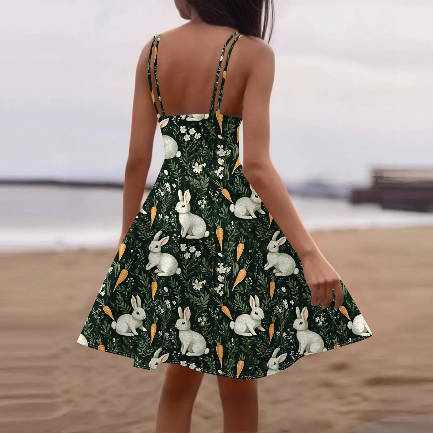Easter Dresses for Women Vintage Spaghetti Strap Punk Aline Swing Dress Bunny Printed Knee Length Tea Party Dress