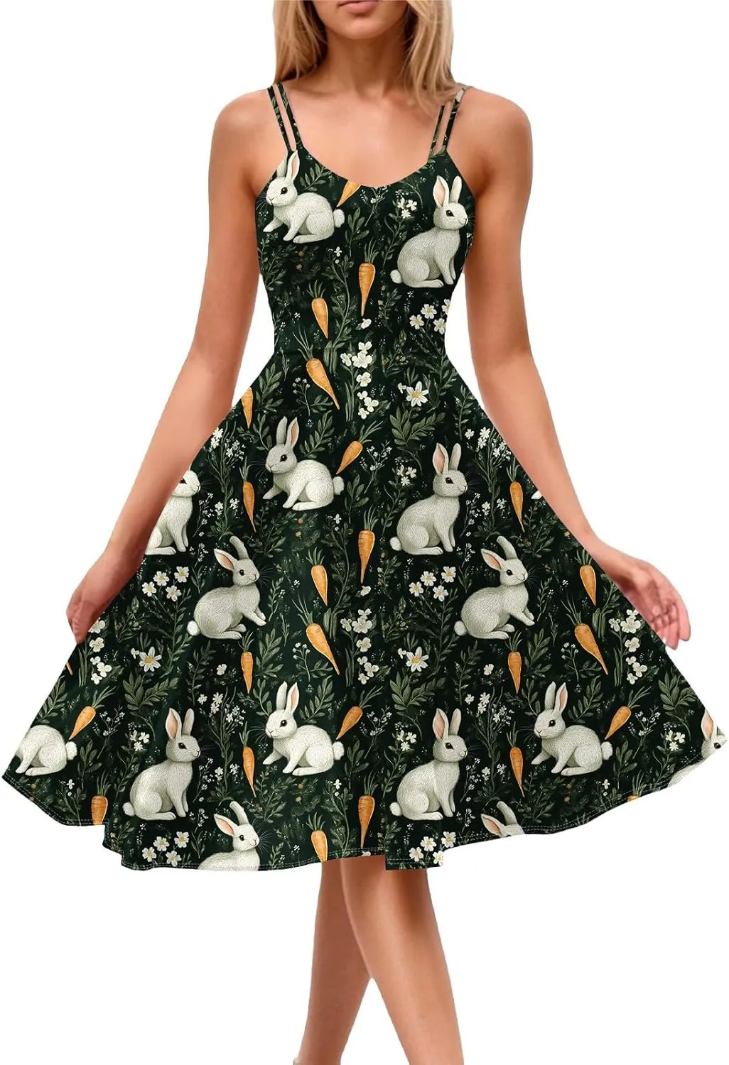 Easter Dresses for Women Vintage Spaghetti Strap Punk Aline Swing Dress Bunny Printed Knee Length Tea Party Dress