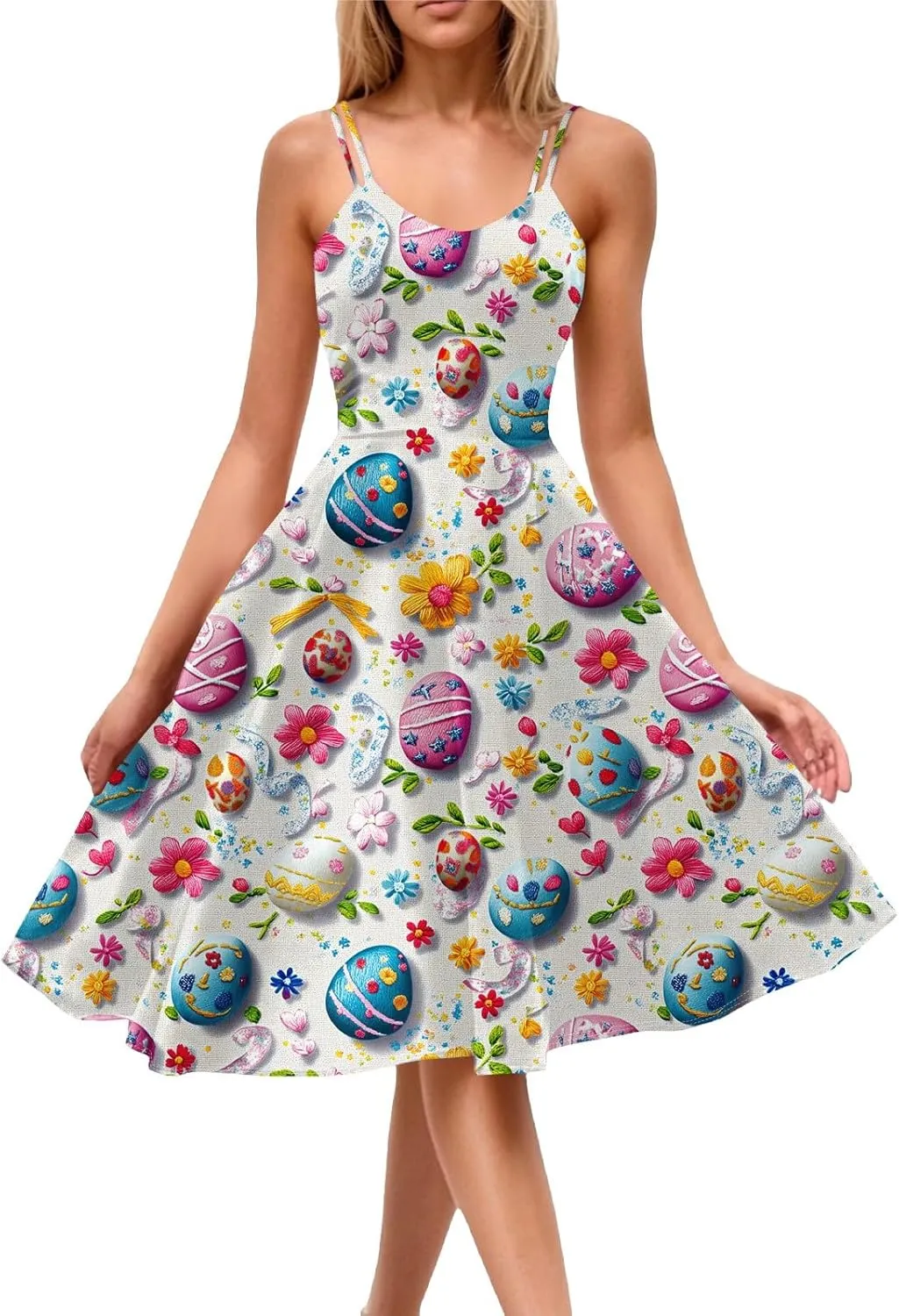 Easter Dresses for Women Vintage Spaghetti Strap Punk Aline Swing Dress Bunny Printed Knee Length Tea Party Dress