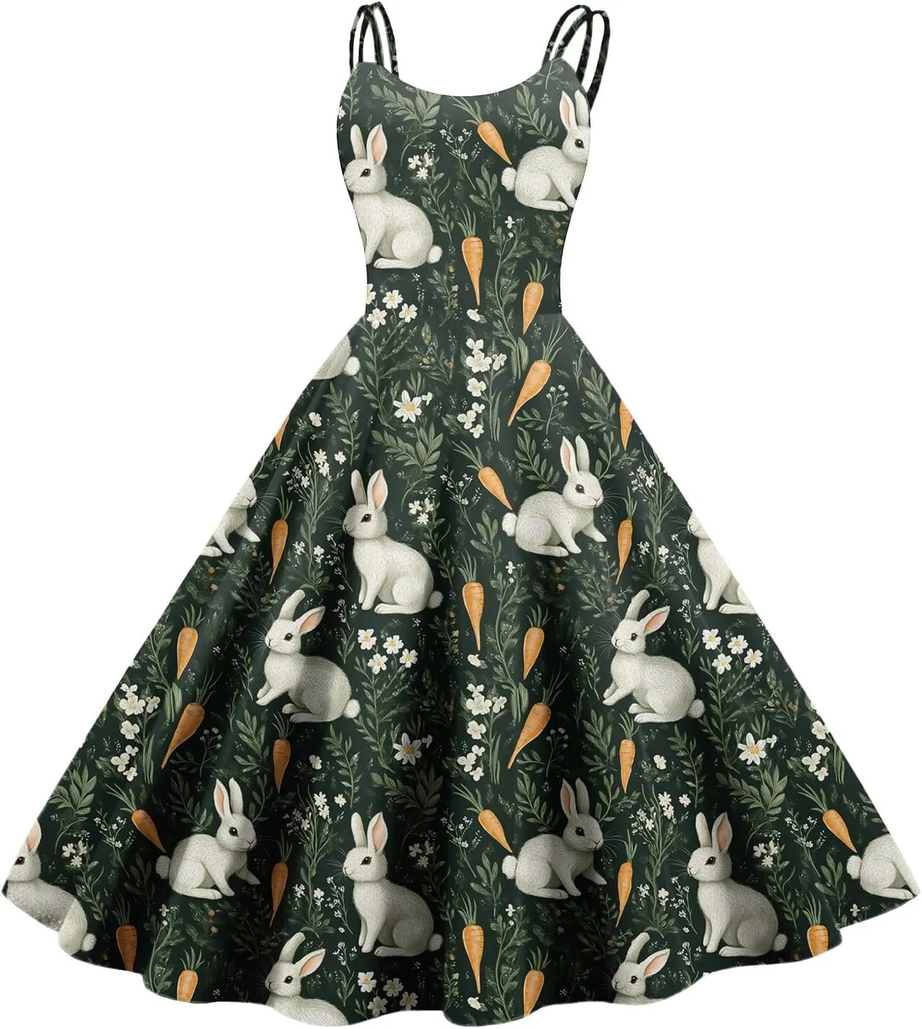 Easter Dresses for Women Vintage Spaghetti Strap Punk Aline Swing Dress Bunny Printed Knee Length Tea Party Dress