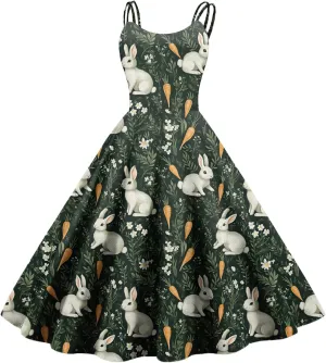 Easter Dresses for Women Vintage Spaghetti Strap Punk Aline Swing Dress Bunny Printed Knee Length Tea Party Dress