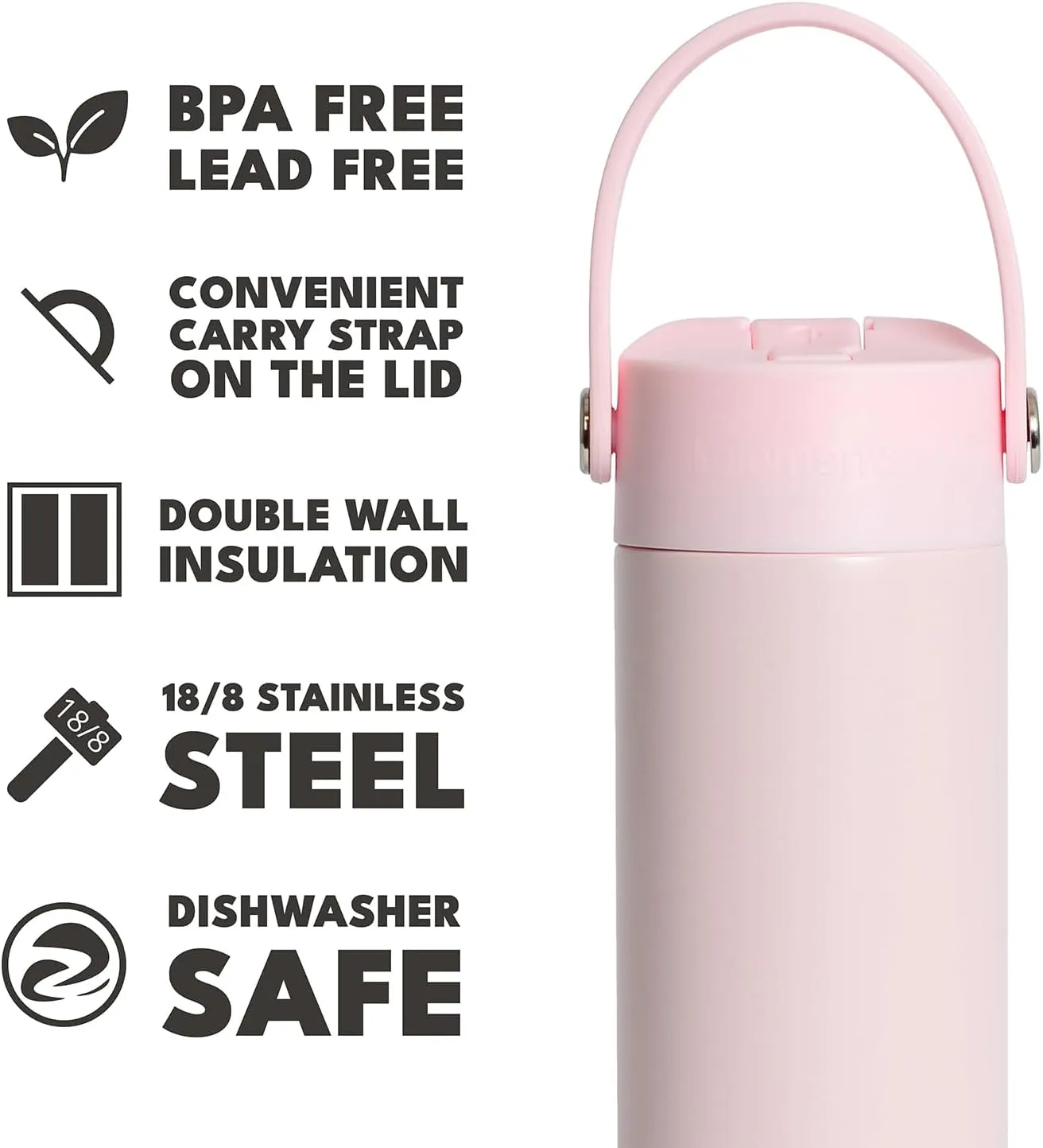 Elemental Stainless Steel Water Bottle with Straw - Leak Proof Double Wall Insulated Water Bottles for Travel, Sports and Gym - BPA Free Sport Thermos with Flip-up Straws - 24oz, Blush Pink