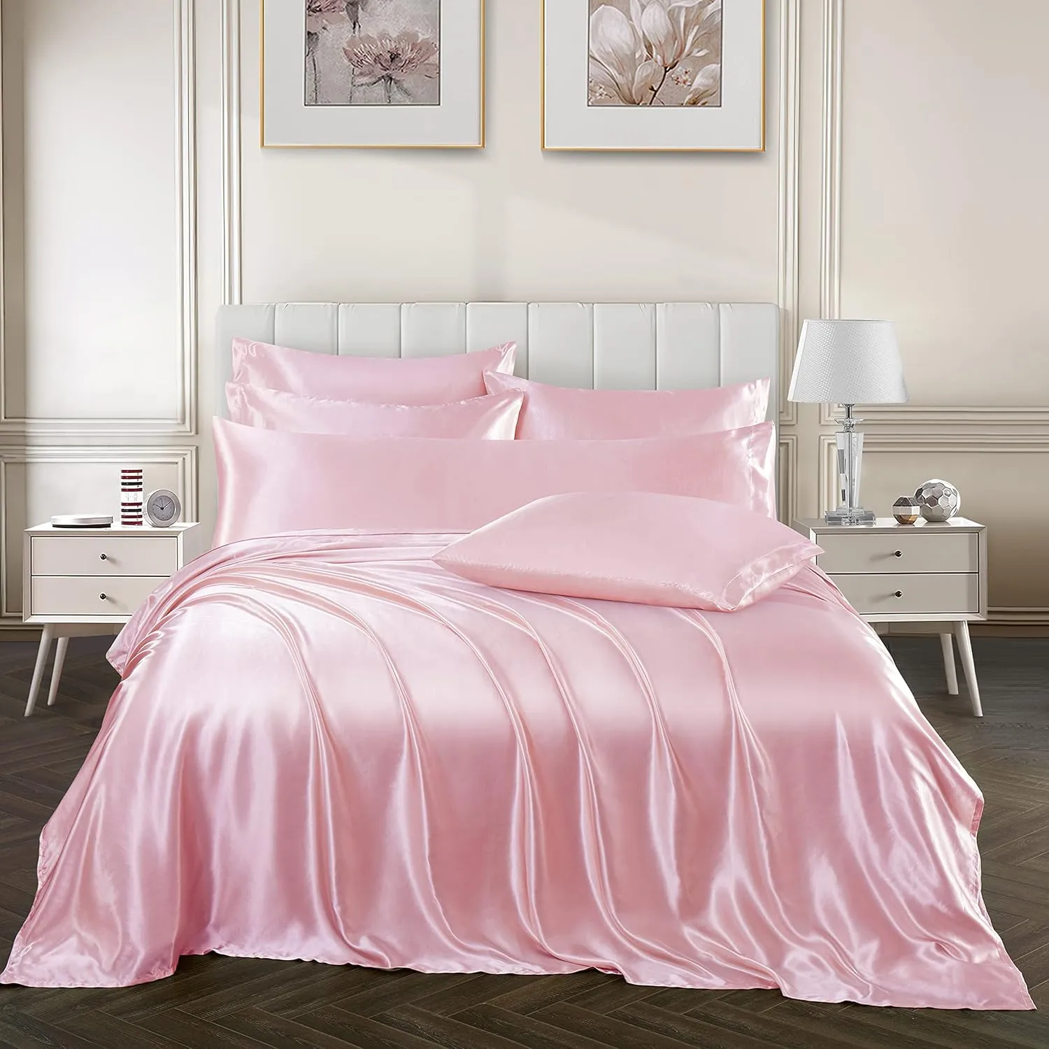Ersmak 7 Pieces Satin Sheets Set King Size, Luxury Silky Blush Pink Satin Bed Sheets Set with 1 Deep Pocket Fitted Sheet, 1 Soft Flat Sheet, 4 King Pillowcases and 1 Body Pillowcase