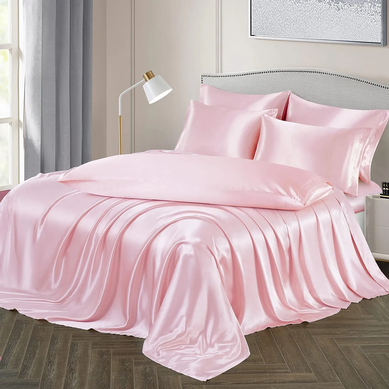 Ersmak 7 Pieces Satin Sheets Set King Size, Luxury Silky Blush Pink Satin Bed Sheets Set with 1 Deep Pocket Fitted Sheet, 1 Soft Flat Sheet, 4 King Pillowcases and 1 Body Pillowcase