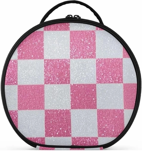 Fake Glitter Checkerboard Squares White Pink Toiletry Bag Vertical Free-Standing stylish Cosmetic Travel Bags For Women with adjustable dividers 11 IN