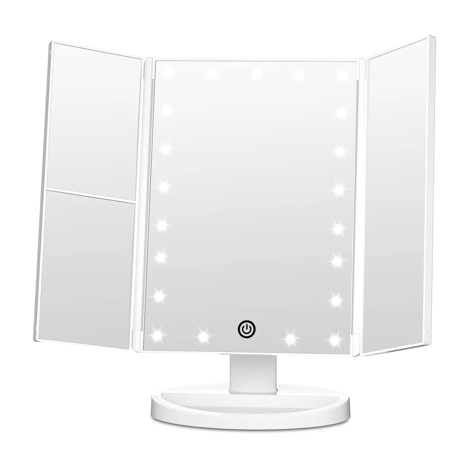 FASCINATE Trifold Vanity Mirror with Lights, Lighted Makeup Mirror 2X/3X Magnification, 21 LED Touch Dimming, Dual Power 180° Rotation Lit Beauty Table Mirror, Make up Mirror with Lighting