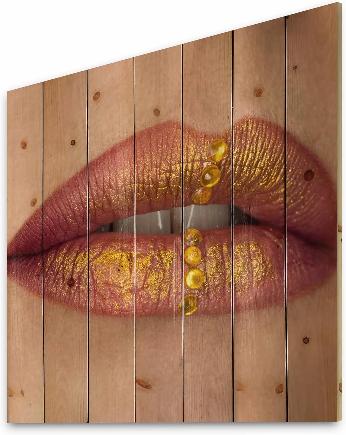 Female Lips Close-Up With Red Lipstick, Gold Paint Modern & Contemporary Wood Wall Decor, Gold Wood Wall Art, Large People Wood Wall Panels Printed On Natural Pine Wood Art