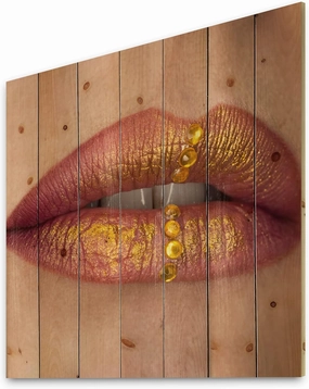 Female Lips Close-Up With Red Lipstick, Gold Paint Modern & Contemporary Wood Wall Decor, Gold Wood Wall Art, Large People Wood Wall Panels Printed On Natural Pine Wood Art