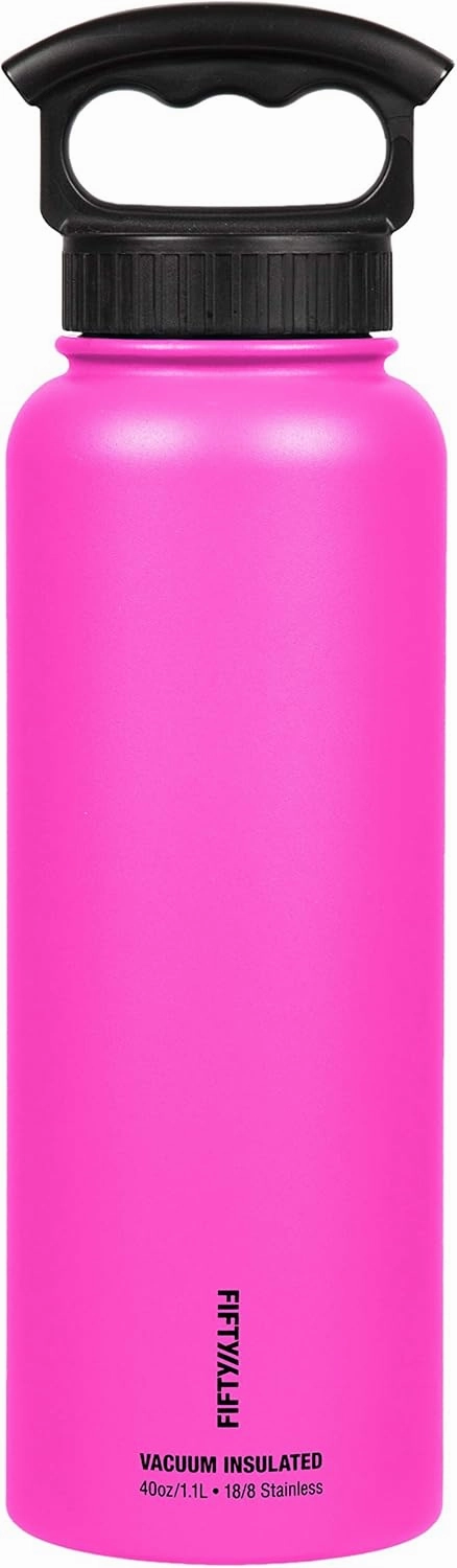 Fifty/Fifty 40oz, Sport Double Wall Vacuum Insulated Water Bottle, Stainless Steel, 3 Finger Cap w/ Wide Mouth, Lipstick Pink, Lipstick Pink, 40 oz.