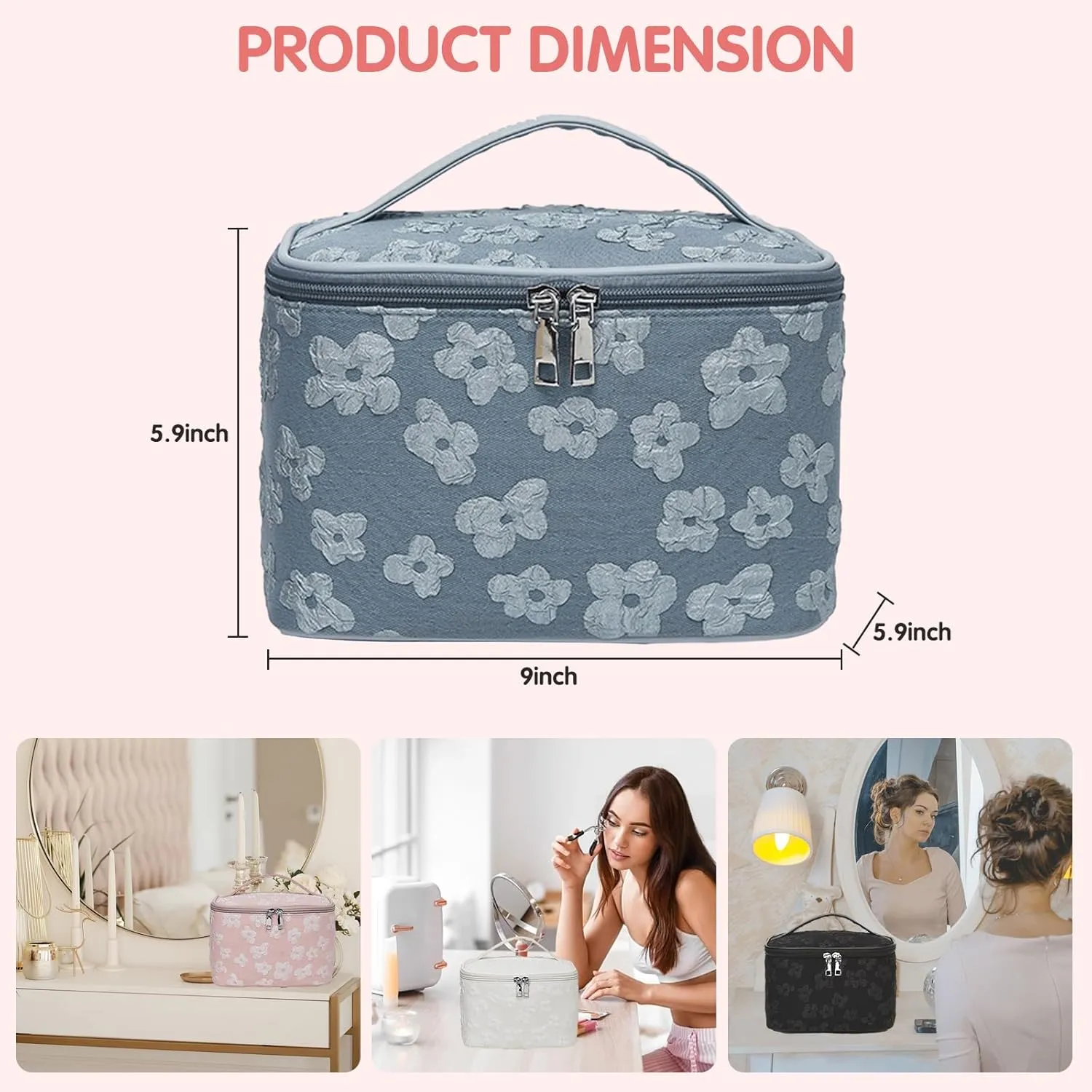 Floral Makeup Bag, Large Capacity Makeup Toiletry Bag, Zipper Cosmetic Pouch, Daily Travel Use Skincare Bag, Multipurpose Organizer Bag (Rose Blush Pink)