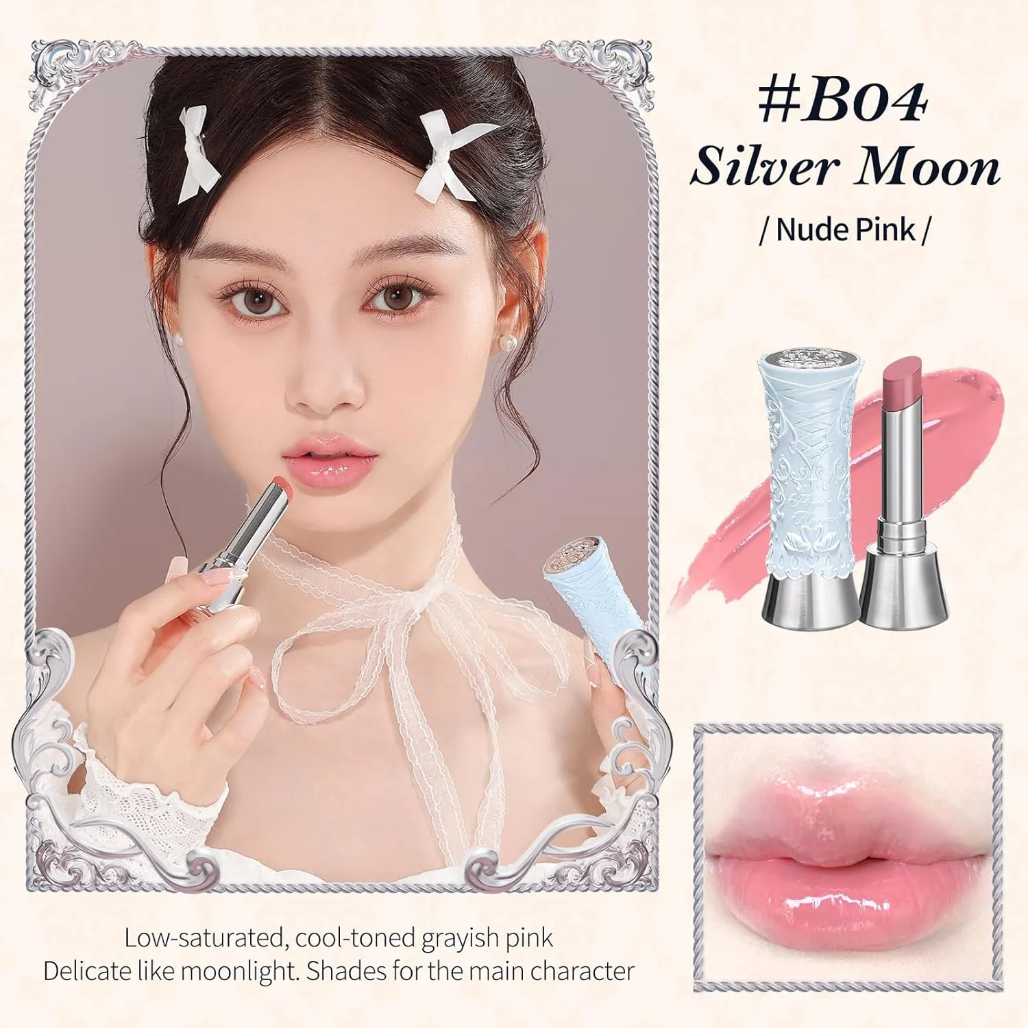 Flower Knows Swan Ballet Shine Lipstick,Hydrating Solid Lip Gloss,Moisturizing Pink Tinted Lip Balm-Long Lasting Lip Gloss in Balm for Girls&Women,Vegan & Cruelty-Free(B04 Silver Moon)