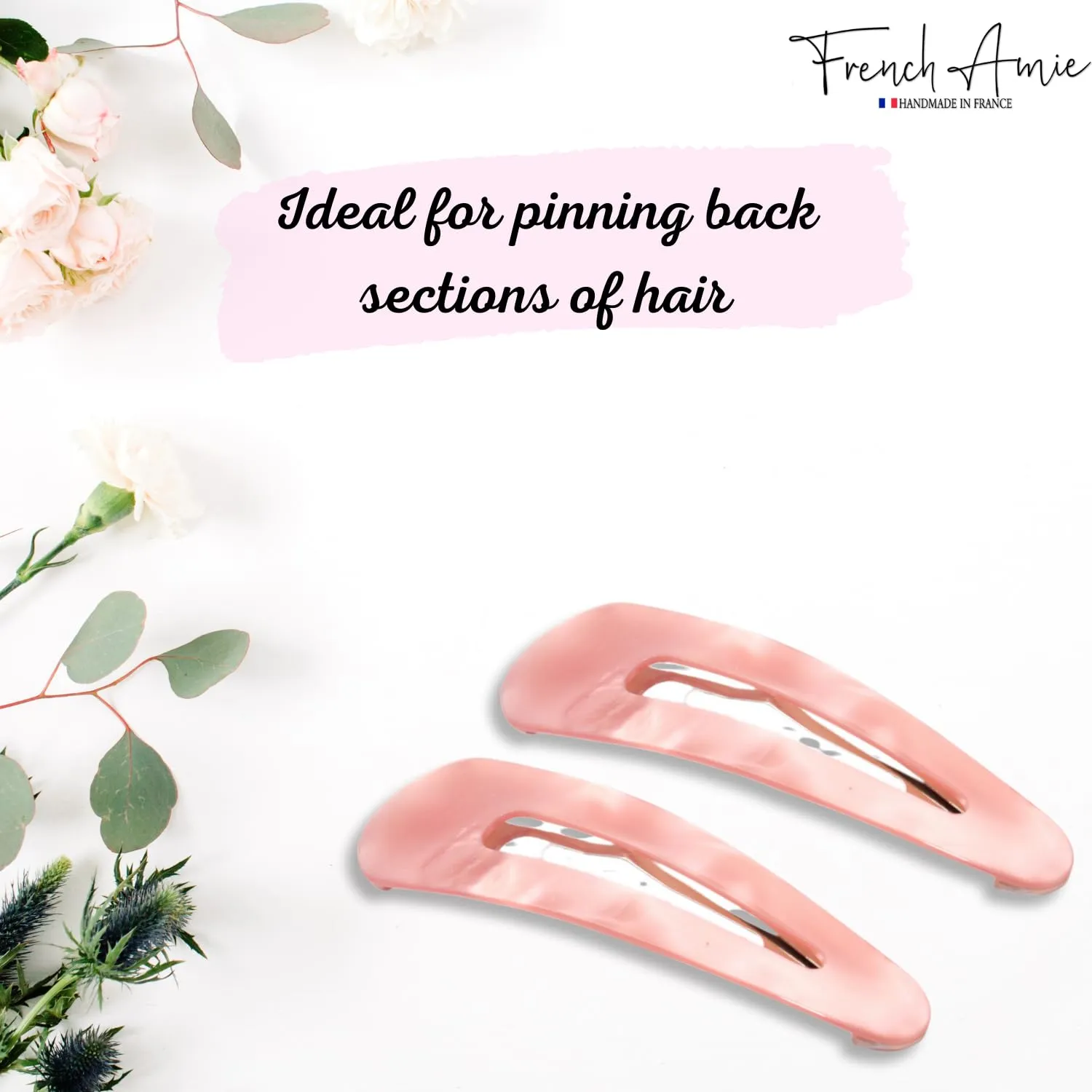 French Amie Clic Clac Large Handmade Celluloid Acetate Set of 2 Snap Hair Clips No Slip Side Slide-in Barrette for Women and Girls (Blush Pink)