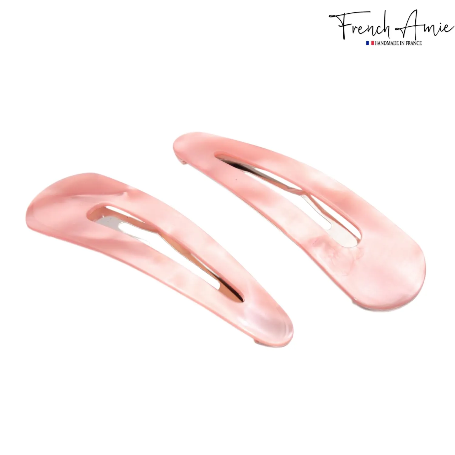 French Amie Clic Clac Large Handmade Celluloid Acetate Set of 2 Snap Hair Clips No Slip Side Slide-in Barrette for Women and Girls (Blush Pink)