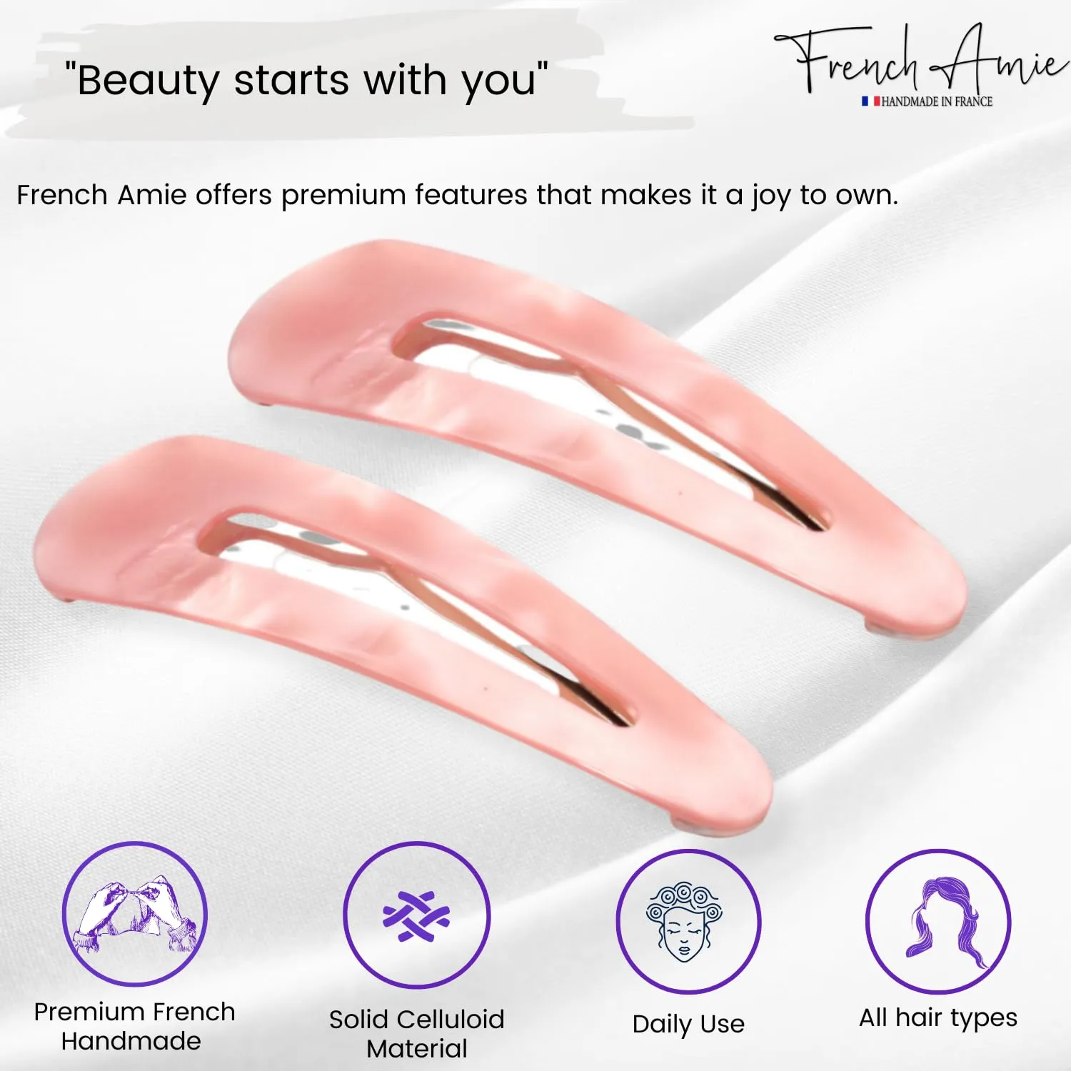 French Amie Clic Clac Large Handmade Celluloid Acetate Set of 2 Snap Hair Clips No Slip Side Slide-in Barrette for Women and Girls (Blush Pink)