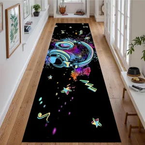 Game Hallway Runner Rug, 3.3x7ft, Colorful Watercolor Splash Cool Music Headphones Black Area Rug, Soft Cozy Teen Room Decor Floor Carpet for Music Lovers Gifts Music Studio