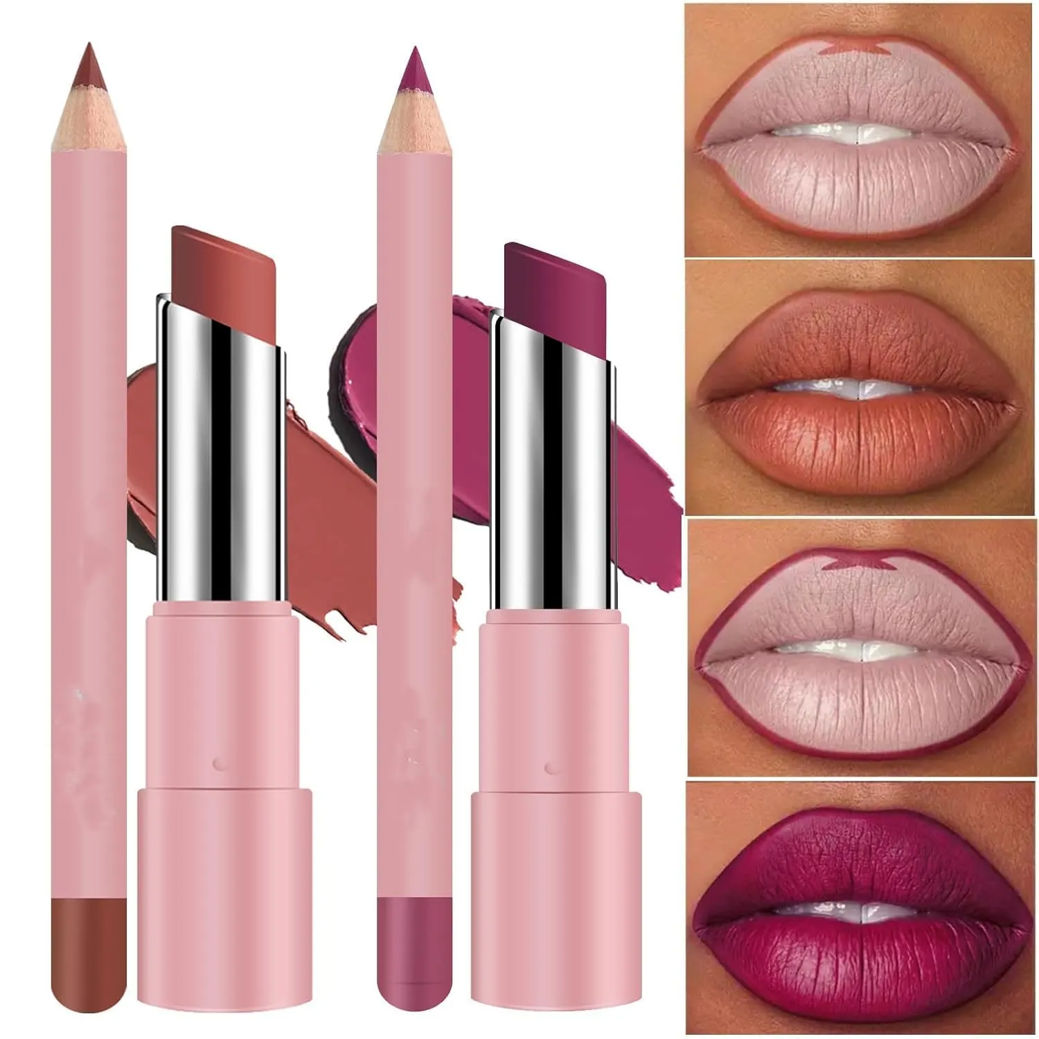 Genli Lifter Glaze Oil Balm, Genli Pink Drip Lipstick, Lifter Glaze Oil Balm, Two-in-One Set Lip Line, Waterproof Matte Lipstick Lipstick Set (8 colors)
