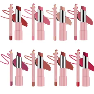 Genli Lifter Glaze Oil Balm, Genli Pink Drip Lipstick, Lifter Glaze Oil Balm, Two-in-One Set Lip Line, Waterproof Matte Lipstick Lipstick Set (8 colors)