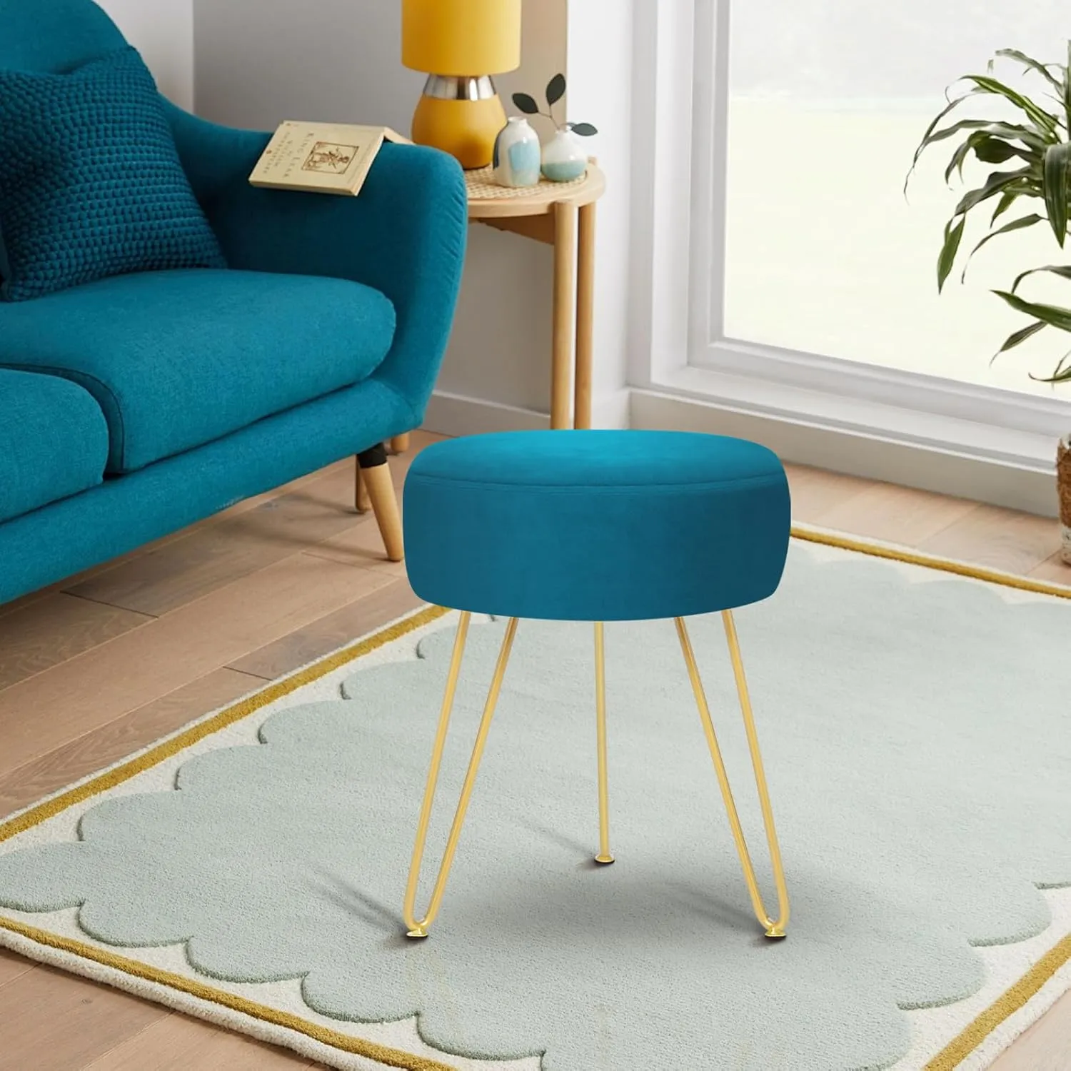 GERANT Multifunctional Vanity Stool - Velvet Footrest Stool-Upholstered Chair Stool -Ottoman Round Modern Dressing Chair - Side Coffee Table Seat with Golden Metal Leg for Living Room (Peacock Blue)