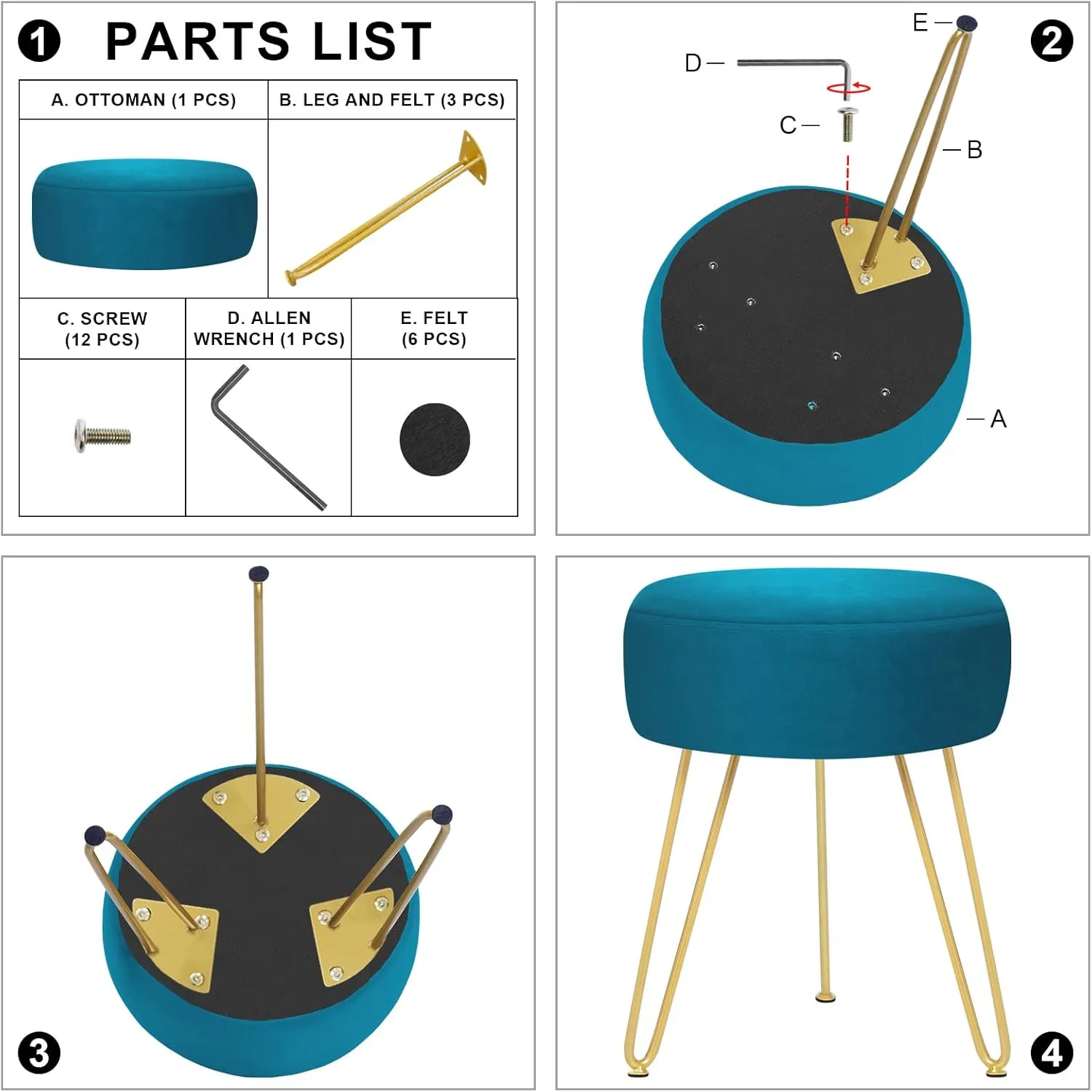 GERANT Multifunctional Vanity Stool - Velvet Footrest Stool-Upholstered Chair Stool -Ottoman Round Modern Dressing Chair - Side Coffee Table Seat with Golden Metal Leg for Living Room (Peacock Blue)