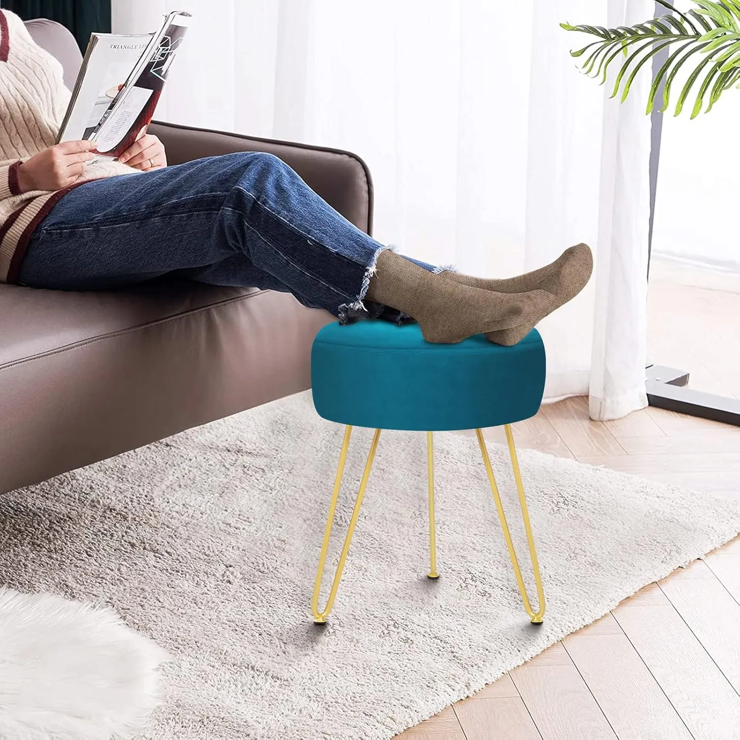 GERANT Multifunctional Vanity Stool - Velvet Footrest Stool-Upholstered Chair Stool -Ottoman Round Modern Dressing Chair - Side Coffee Table Seat with Golden Metal Leg for Living Room (Peacock Blue)