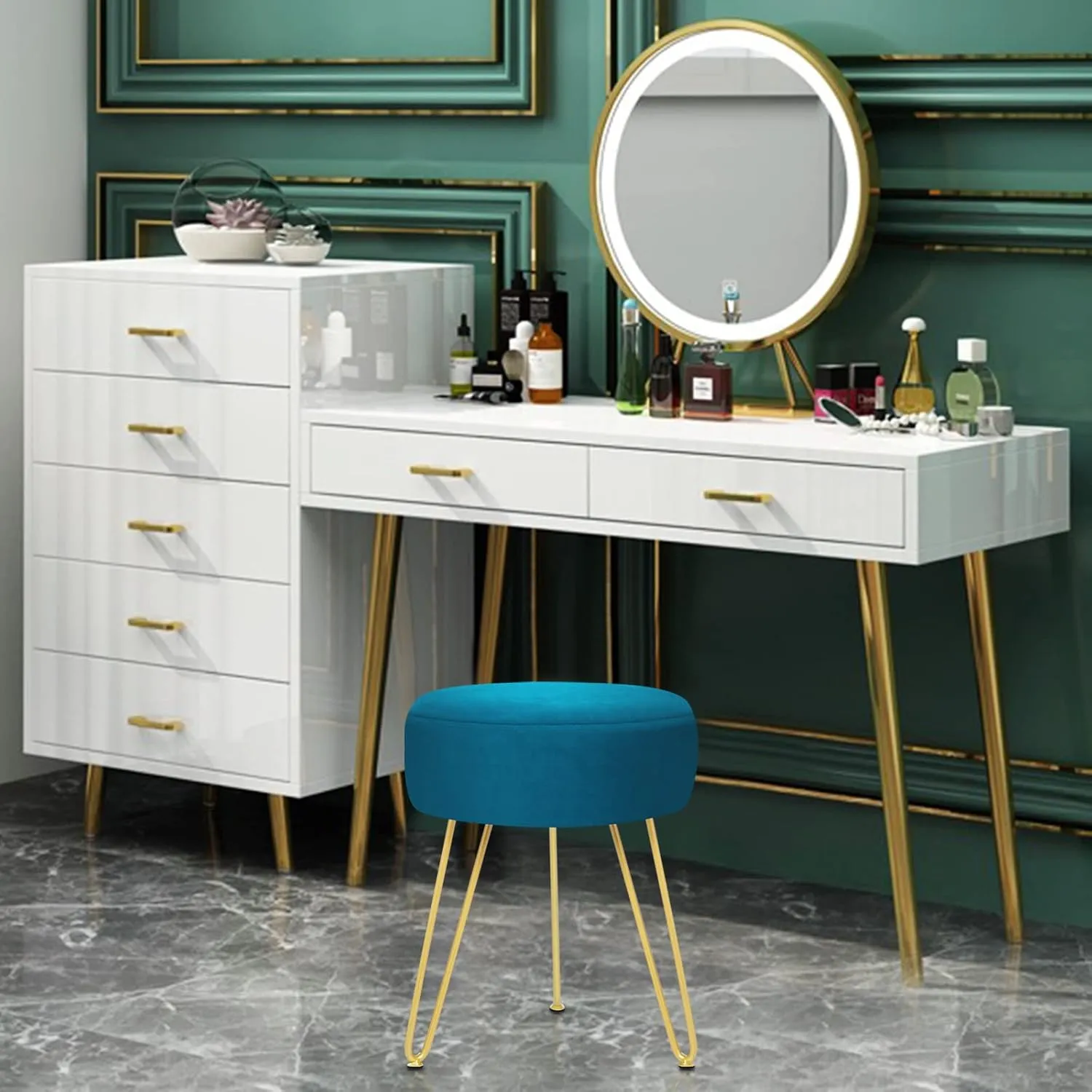 GERANT Multifunctional Vanity Stool - Velvet Footrest Stool-Upholstered Chair Stool -Ottoman Round Modern Dressing Chair - Side Coffee Table Seat with Golden Metal Leg for Living Room (Peacock Blue)