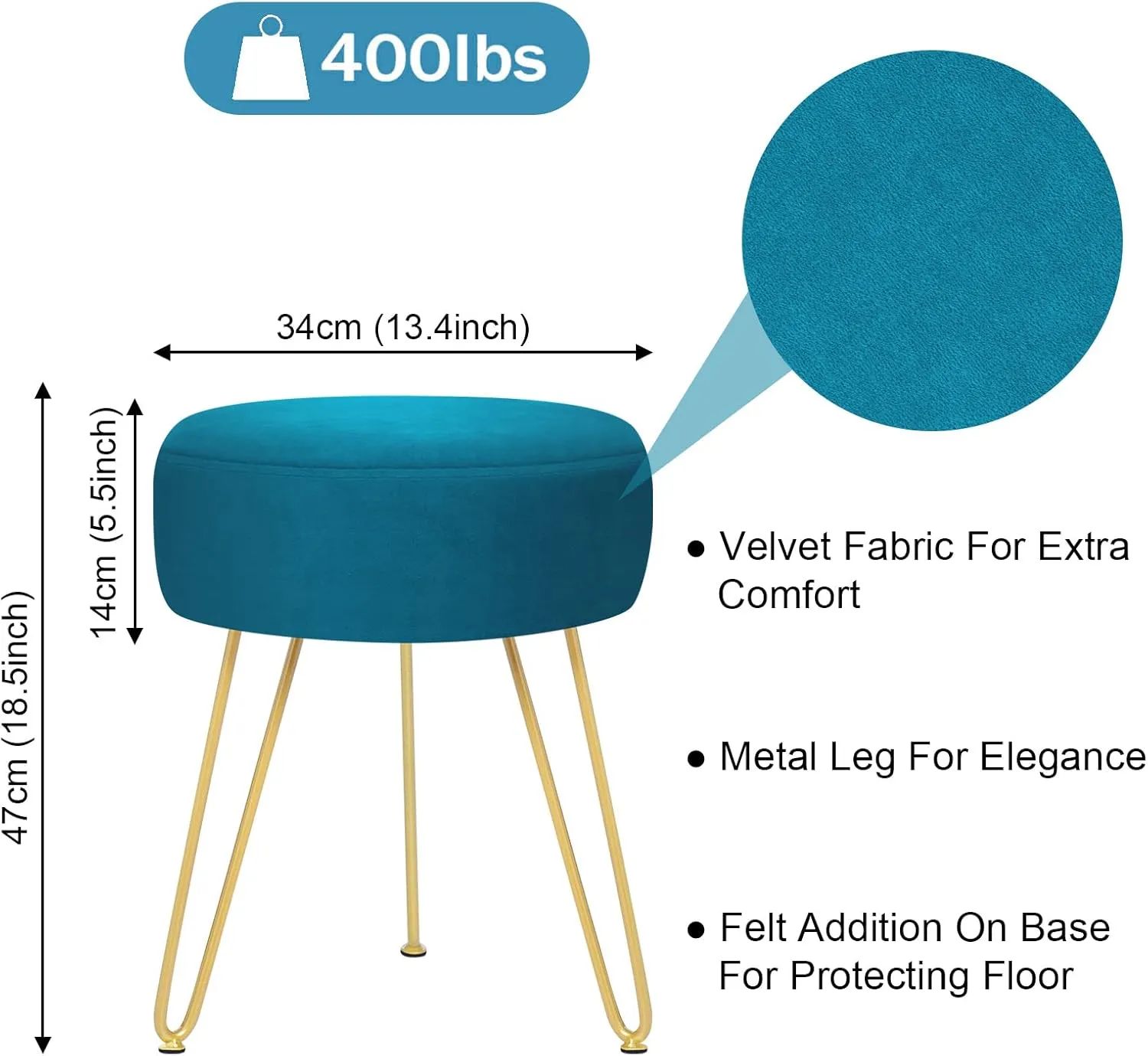 GERANT Multifunctional Vanity Stool - Velvet Footrest Stool-Upholstered Chair Stool -Ottoman Round Modern Dressing Chair - Side Coffee Table Seat with Golden Metal Leg for Living Room (Peacock Blue)