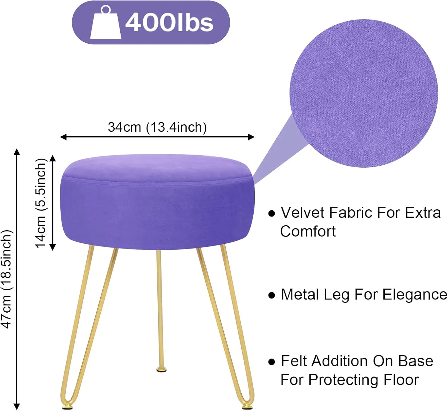 GERANT Multifunctional Vanity Stool - Velvet Footrest Stool-Upholstered Chair Stool -Ottoman Round Modern Dressing Chair - Side Coffee Table Seat with Golden Metal Leg for Living Room (Purple)
