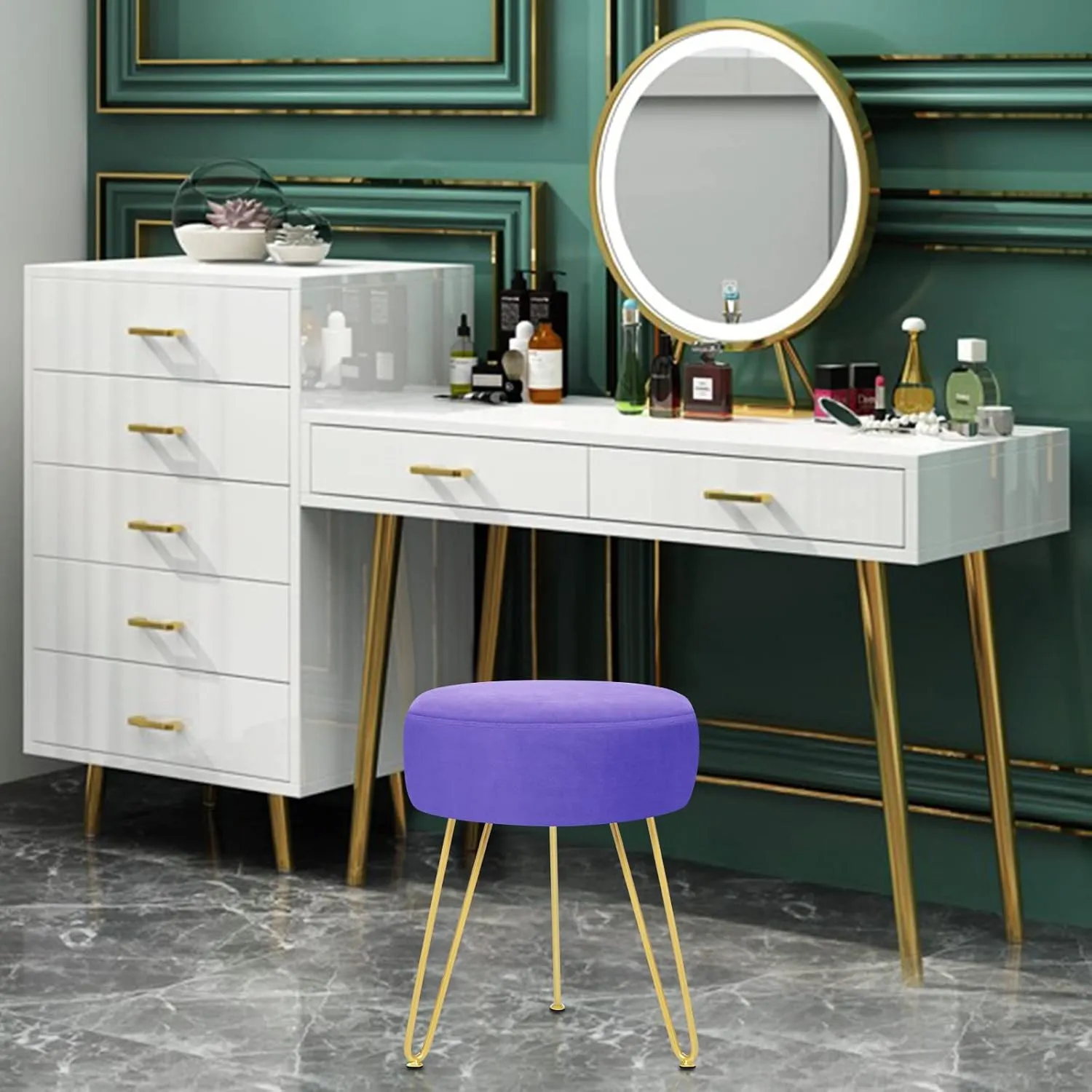 GERANT Multifunctional Vanity Stool - Velvet Footrest Stool-Upholstered Chair Stool -Ottoman Round Modern Dressing Chair - Side Coffee Table Seat with Golden Metal Leg for Living Room (Purple)
