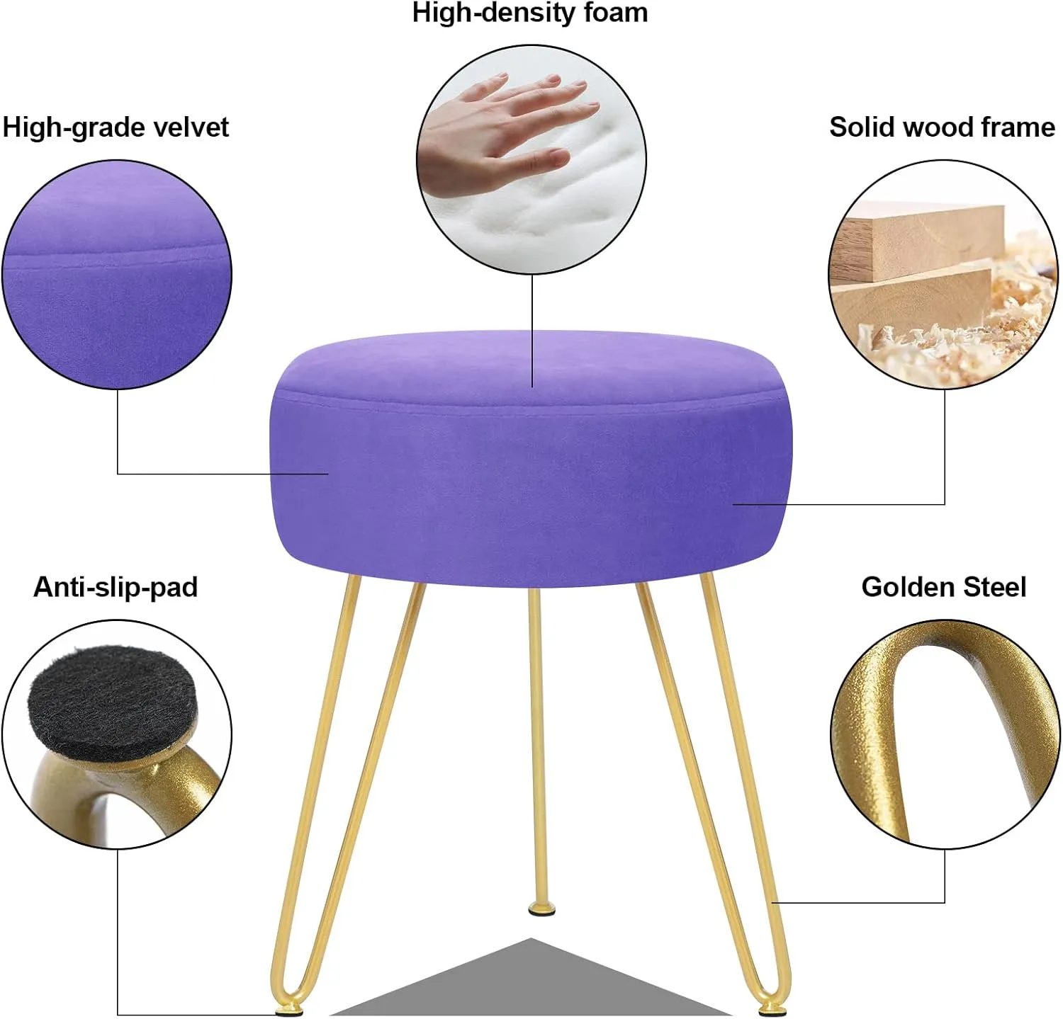 GERANT Multifunctional Vanity Stool - Velvet Footrest Stool-Upholstered Chair Stool -Ottoman Round Modern Dressing Chair - Side Coffee Table Seat with Golden Metal Leg for Living Room (Purple)