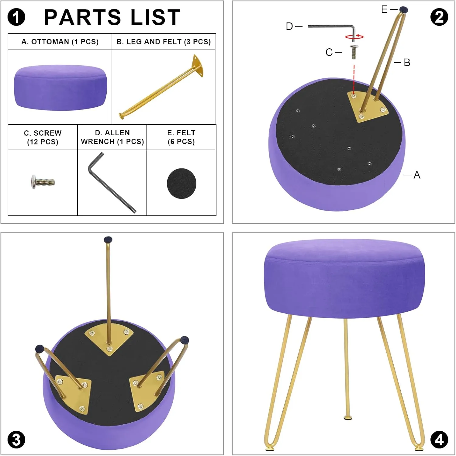 GERANT Multifunctional Vanity Stool - Velvet Footrest Stool-Upholstered Chair Stool -Ottoman Round Modern Dressing Chair - Side Coffee Table Seat with Golden Metal Leg for Living Room (Purple)