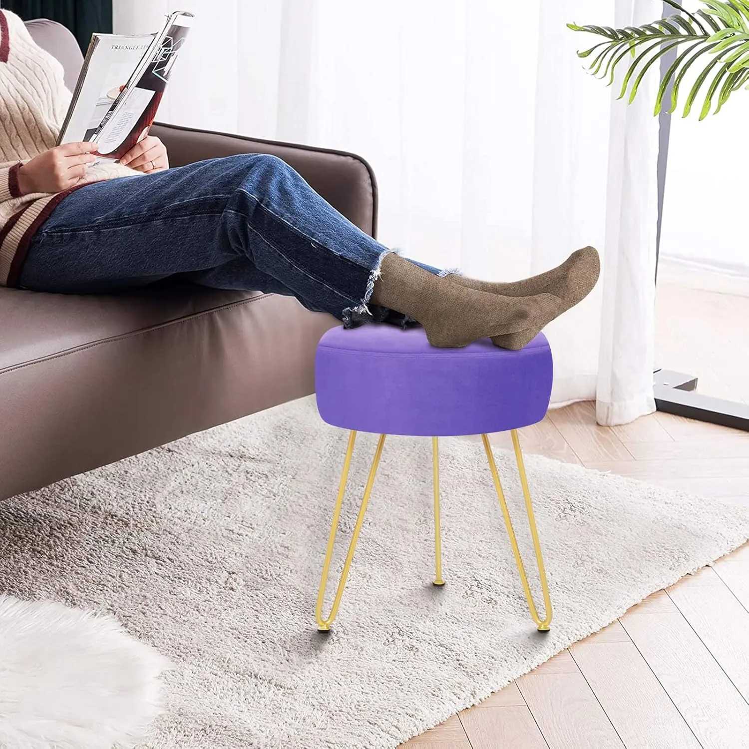 GERANT Multifunctional Vanity Stool - Velvet Footrest Stool-Upholstered Chair Stool -Ottoman Round Modern Dressing Chair - Side Coffee Table Seat with Golden Metal Leg for Living Room (Purple)