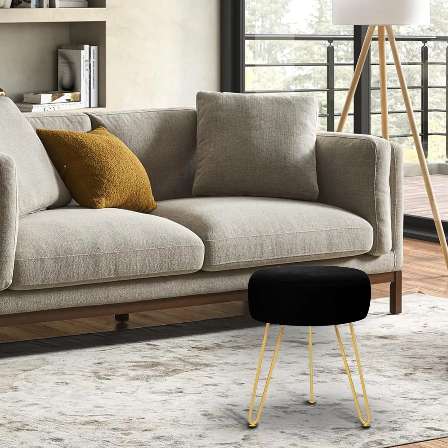 GERANT Multifunctional Vanity Stools - Velvet Round Ottoman Modern Dressing Stool -Upholstered Footrest Stool - Side Table Footstool with Golden Metal Leg for Living Room, Bedroom (Black)