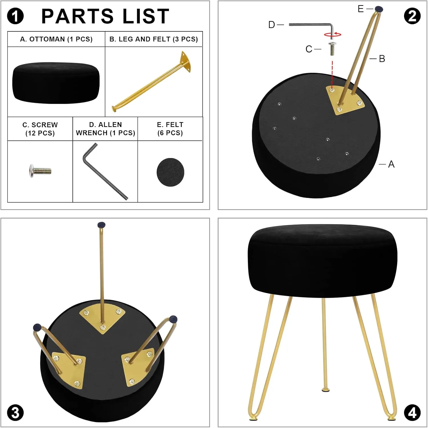 GERANT Multifunctional Vanity Stools - Velvet Round Ottoman Modern Dressing Stool -Upholstered Footrest Stool - Side Table Footstool with Golden Metal Leg for Living Room, Bedroom (Black)