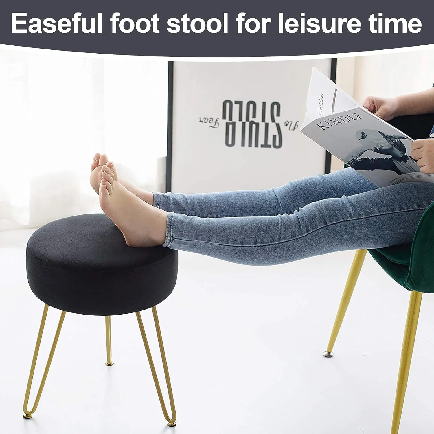 GERANT Multifunctional Vanity Stools - Velvet Round Ottoman Modern Dressing Stool -Upholstered Footrest Stool - Side Table Footstool with Golden Metal Leg for Living Room, Bedroom (Black)