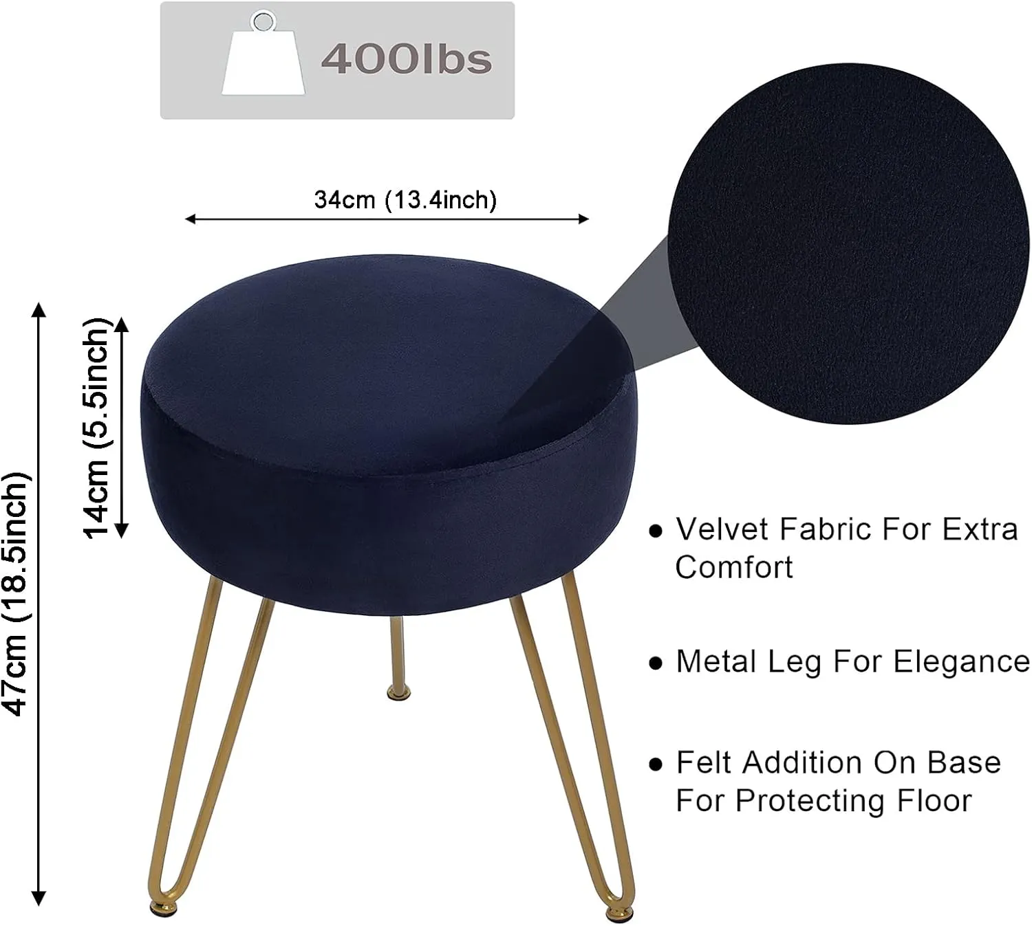 GERANT Multifunctional Vanity Stools - Velvet Round Ottoman Modern Dressing Stool -Upholstered Footrest Stool - Side Table Footstool with Golden Metal Leg for Living Room, Bedroom (Black)