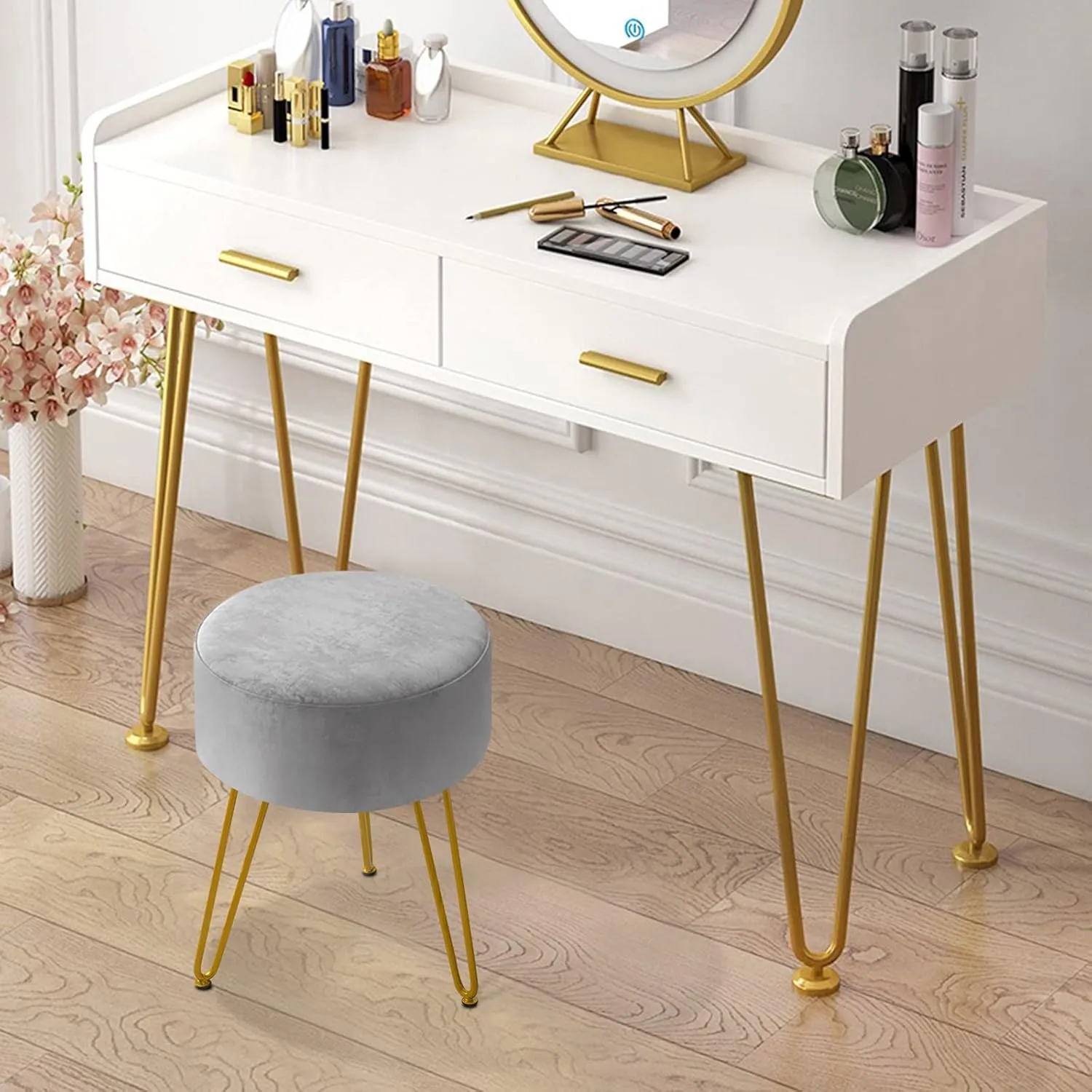 GERANT Multifunctional Vanity Stools - Velvet Round Ottoman Modern Dressing Stool -Upholstered Footrest Stool - Side Table Footstool with Golden Metal Leg for Living Room, Bedroom (Gray)